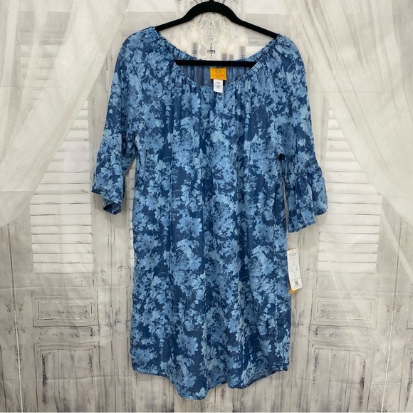 Ruby Rd Size PM Petite Medium Blue Shift Dress Floral 3/4 Sleeve Off Shoulder - Picture 8 of 8
